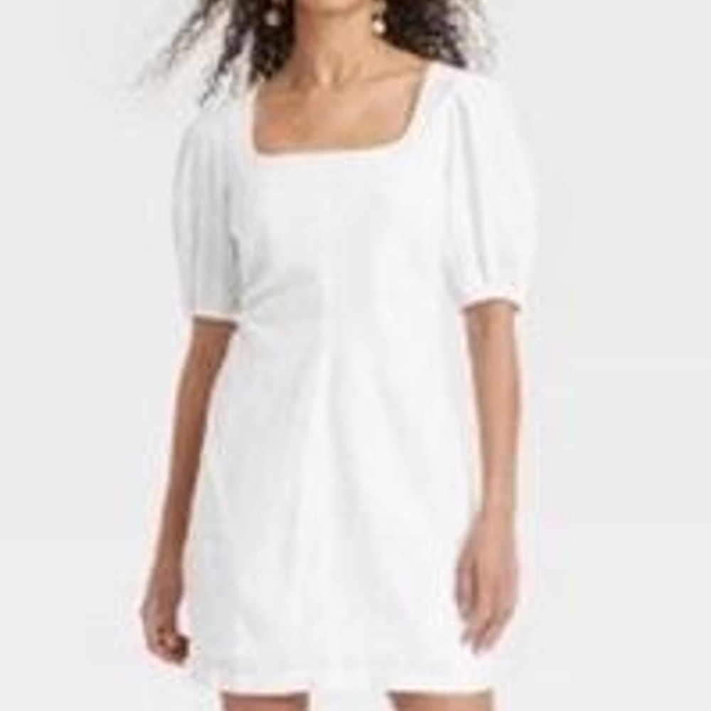 A New Day Women's Short Puff Sleeve Square Neck Linen Blend Mini Dress
